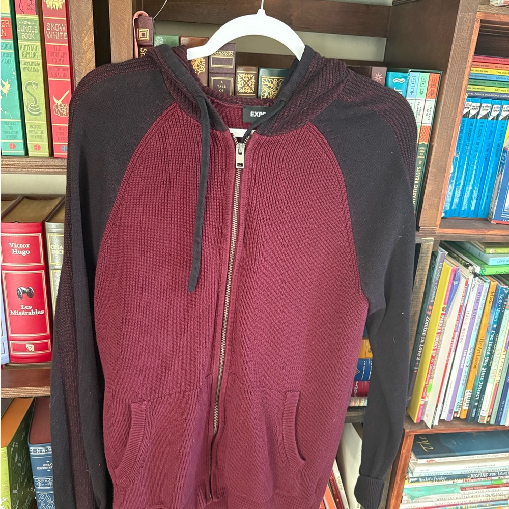Express Burgundy and Black Zip-Up Sweater